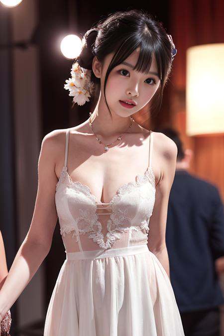 <lora:joulin:0.8>, 1girl, solo, chinese girl, realistic, photography, photorealistic, looking at viewer,  blurry background, black hair, necklace, solo focus, short hair, china wedding dress, stage, cinematic lighting, depth of field, cleavage, clavicle, ulzzang-6500