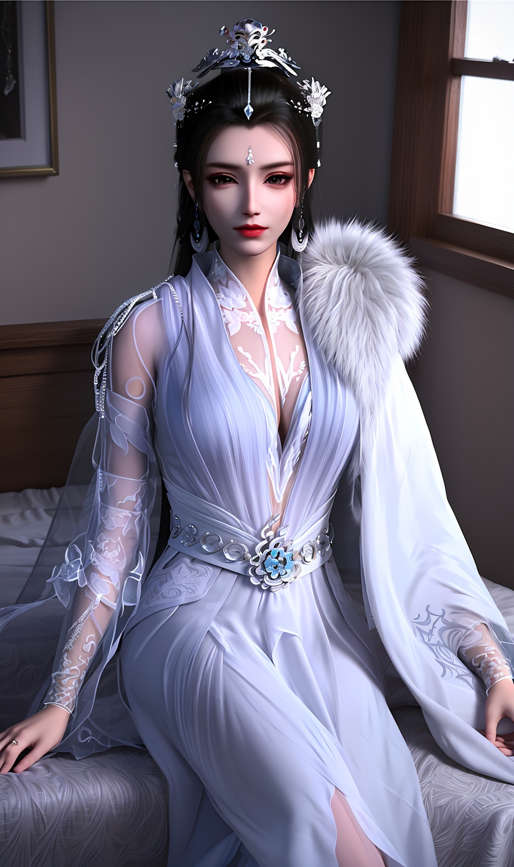 3D,masterpiece,(best quality),(makeup),official art, extremely detailed cg 8k wallpaper,((crystalstexture skin)), (extremely delicate and beautiful),(highly detailed),(1girl), (solo), (jewelry), (earrings),(black_hair),(long_hair),(hair_ornament),(handwear),(breasts),((sitting)),,(upper_body),(multicolored_clothes),(multicolored_dress),(collar),(fur),(hanfu),(robe),(white_dress),(tiara),(earrings),,(crown),(chinese_clothes),(adapted_costume), (long_sleeved),closed_mouth,(bracelet),(long_dress), (long_skirt),thigh,(sunshine, indoor,bed),((looking_at_viewer)),((Facing the camera)),, <lora:hipoly3DModelLora_v10:0.3> <lora:枫岫-少年白马-瑶玥00:0.7>