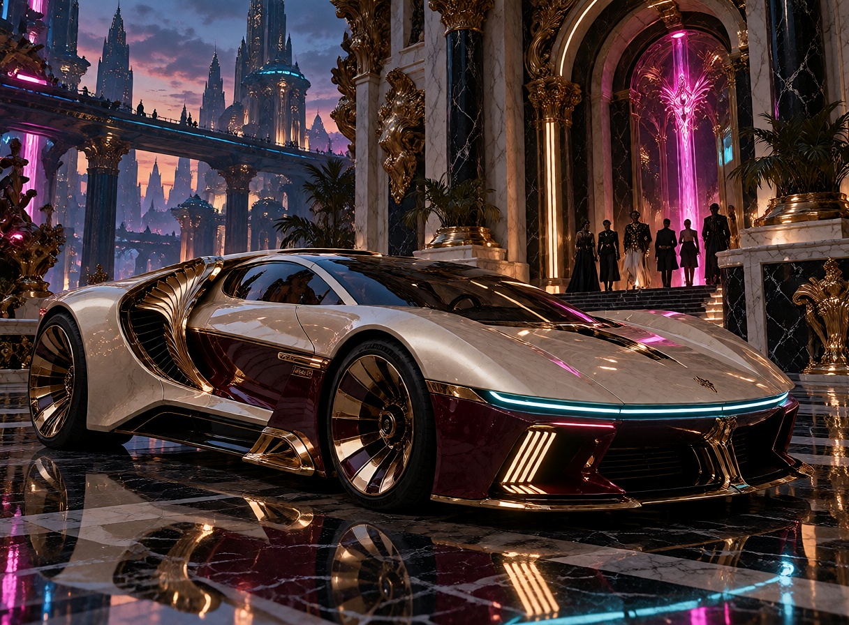 A low futuristic luxury car is parked on a polished elevated terrace at blue hour. Its long wedge-shaped body combines smo...