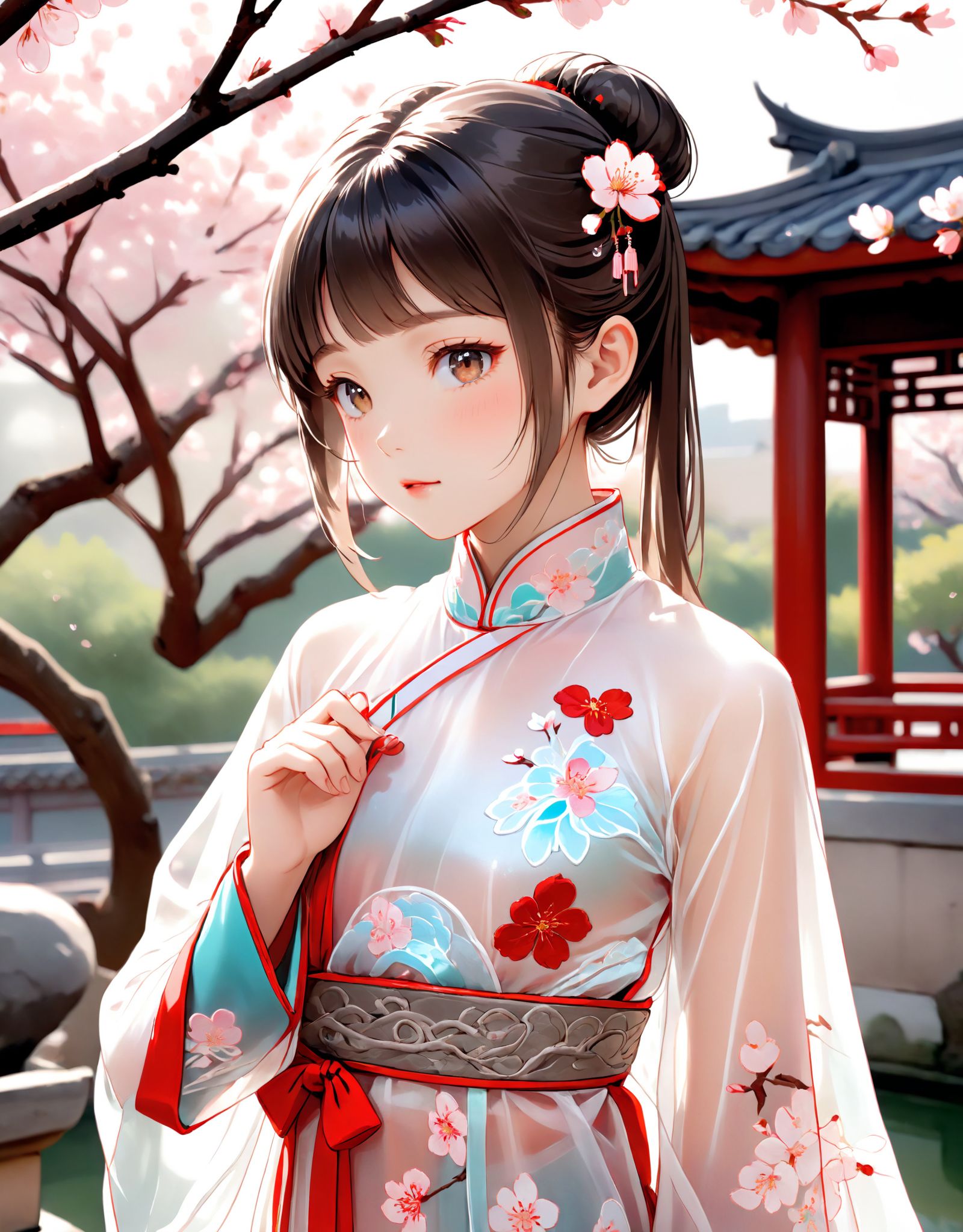 A photo of a young girl wearing a translucent ancient Chinese-style garment,  with delicate embroidery and flowing sleeves...