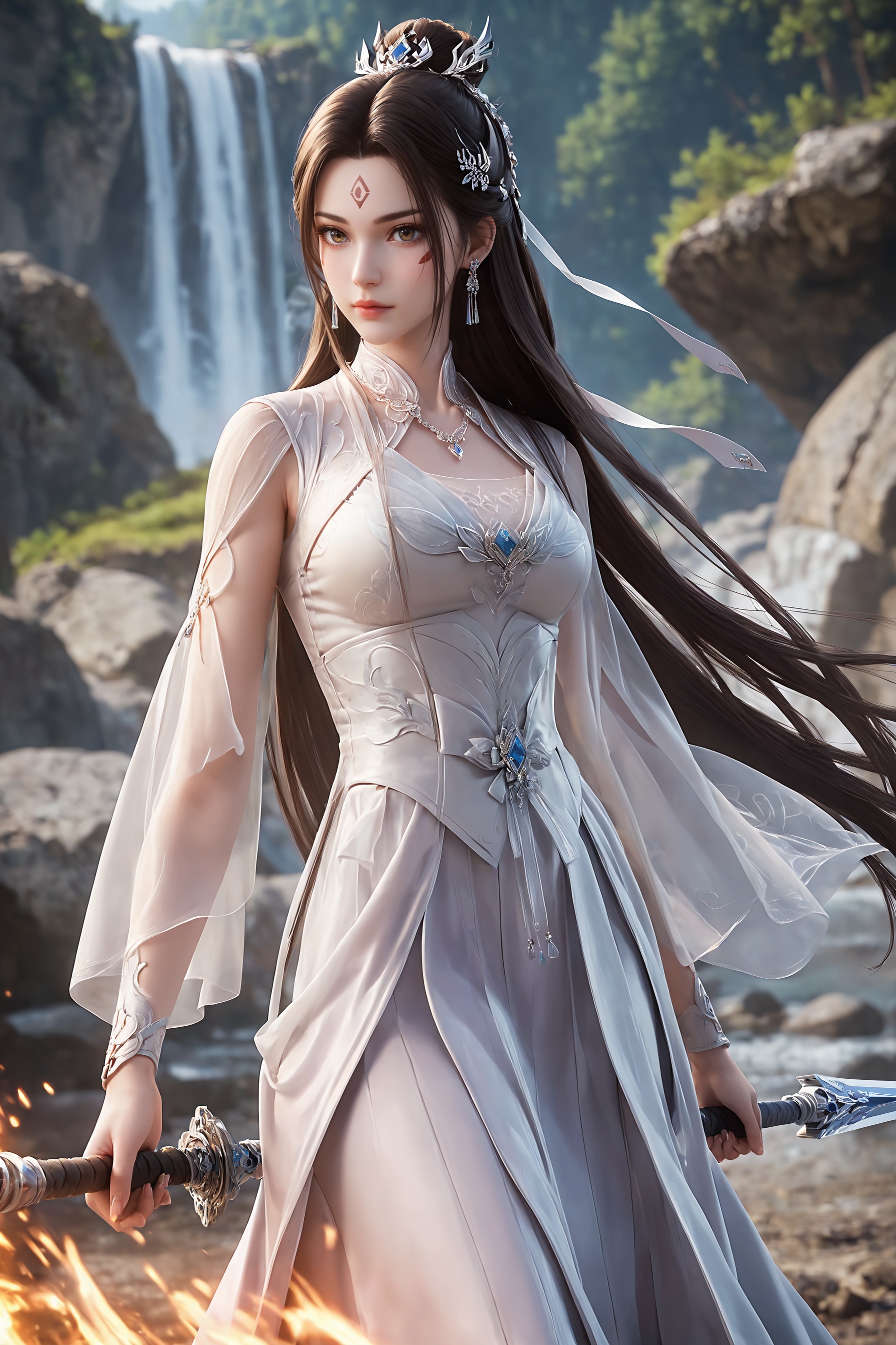score_9,score_8 up,score_7,1girl,solo,ultra-detailed,high resolution,perfect lighting,flawless skin,sharp focus,extremely detailed anatomy,Exquisite Craftsmanship,High-Resolution Beauty,Unparalleled Artistic Quality,masterpiece,best quality,official art,extremely detailed CG unity 8k wallpaper,<lora:陆雪琪-诛仙:0.5>,expressive_clothes,multicolored_clothes,black hair,blurry,brown hair,dress,earrings,facial mark,forehead mark,hair bun,hair ornament,holding weapon,long hair,necklace,rock,single hair bun,very long hair,weapon,
