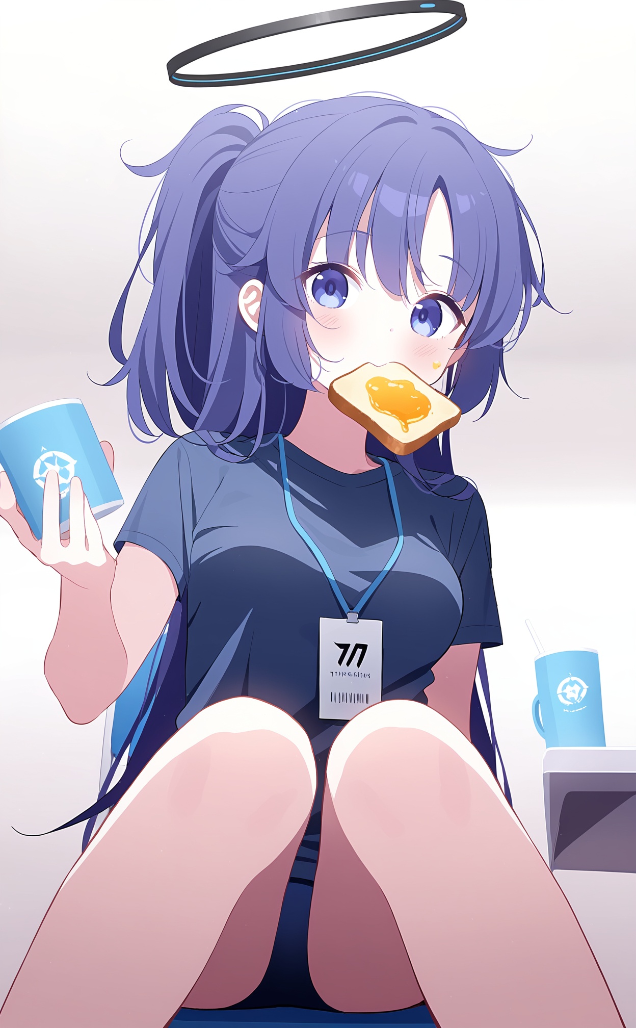 masterpiece,very aware,(highres),absurdres,newest,best quality,high quality,loli,petite,chromatic_aberration,dynamic_angle,cinematic_angle,//,1girl, yuuka (blue archive), solo, yuuka (track) (blue archive), halo, bread, food, shirt, bread slice, white background, looking at viewer, purple hair, simple background, sitting, official alternate costume, cup, blue shirt, mechanical halo, toast, long hair, holding, blush, food in mouth, ponytail, purple eyes, holding cup, short sleeves, breasts, black halo, chair, holding food, medium breasts, bare legs, eating, blue eyes, toast in mouth, on chair//,//,artist:deyui,artist:doremi_(doremi4704),artist:mx2j,artist:yutokamizu,artist:child_(isoliya),//,// <lora:BA02:0.85>