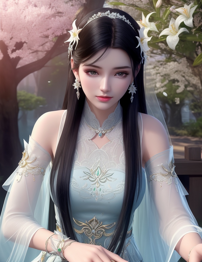 ultra realistic 8k cg, picture-perfect face, flawless, clean, masterpiece, professional artwork, famous artwork, cinematic lighting, cinematic bloom, perfect face, beautiful face, fantasy, dreamlike, unreal, science fiction,  beautiful clothes, lace, lace trim, lace-trimmed legwear,  (rich:1.4), prestige, luxury, jewelry, diamond, gold, pearl, gem, sapphire, ruby, emerald, intricate detail, delicate pattern, charming, alluring, seductive, erotic, enchanting, hair ornament, necklace, earrings, bracelet, armlet,halo((,1girl, pov,))(((,lily \(flower\),  1girl, spring_\(season\), solo,looking at viewer, ))) <lora:DA_XiaoXunEr:0.6>
