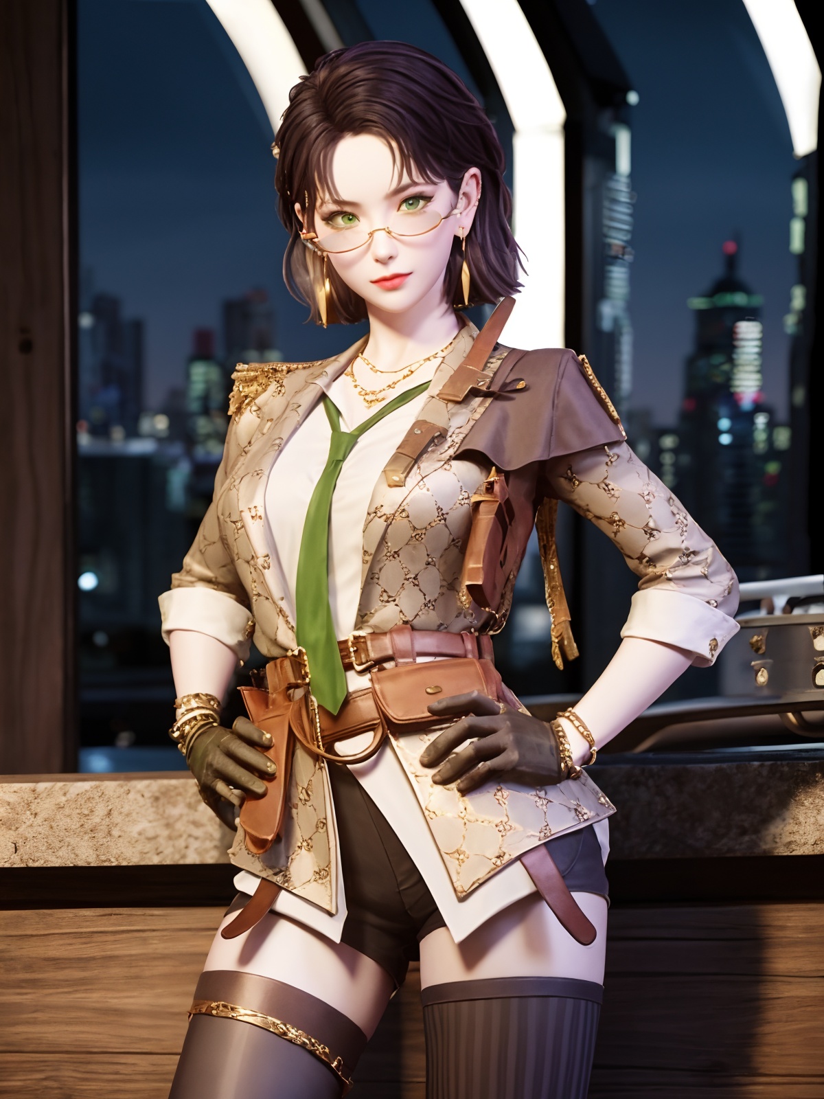 CFchuanshuoailishaQF, 1girl, solo, fingerless gloves, thighhighs, glasses, shorts, looking at viewer,  green eyes, jacket, jewelry, short hair, green necktie, earrings, belt, shirt, asymmetrical legwear, brown hair <lora:CFchuanshuoailishaQF:0.75>,cityscape, night, hand on hip, 