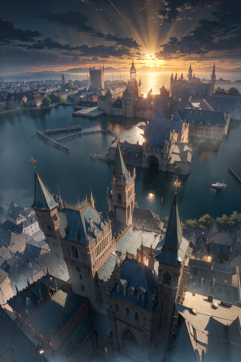 masterpiece,best quality,HD Resolution,(ray tracing,cinematic lighting),photography,Castle,Architecture,sea,sunburst,lighting,Clarity,Realism,Landscape Wallpaper,