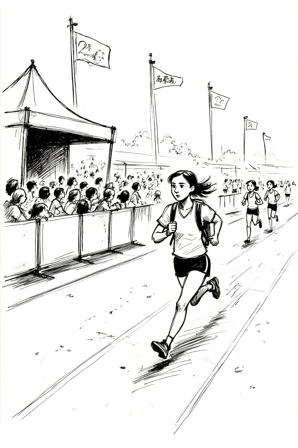 beijihui,A black and white sketch of a woman running on a track. The woman running is wearing a white shirt, black shorts, and black shoes. She has a backpack on her back. Her hair is dark brown and she has a ponytail. There is a crowd of people in the background behind her. A large tent is on the left side of the image.