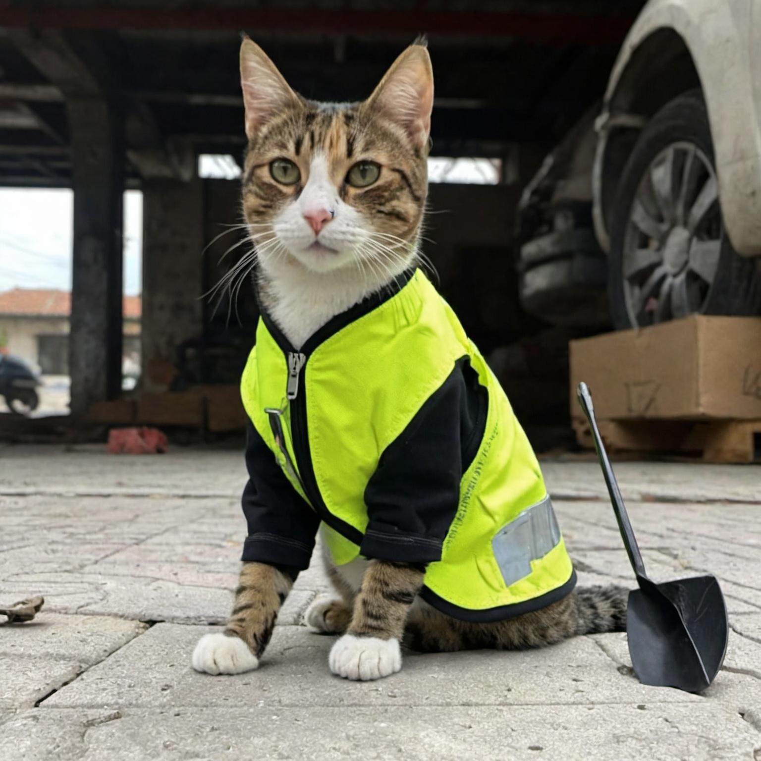 fixing the car using his tail,  car shop,  mechanic on Tensor.Art