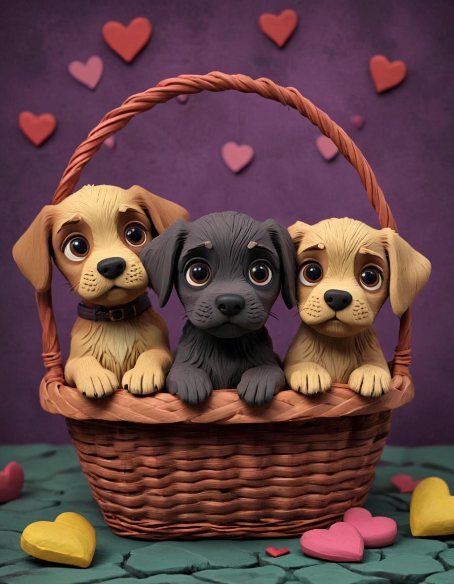 novuschroma51 style three cute puppies in a basket,  hearts claymation on Tensor.Art