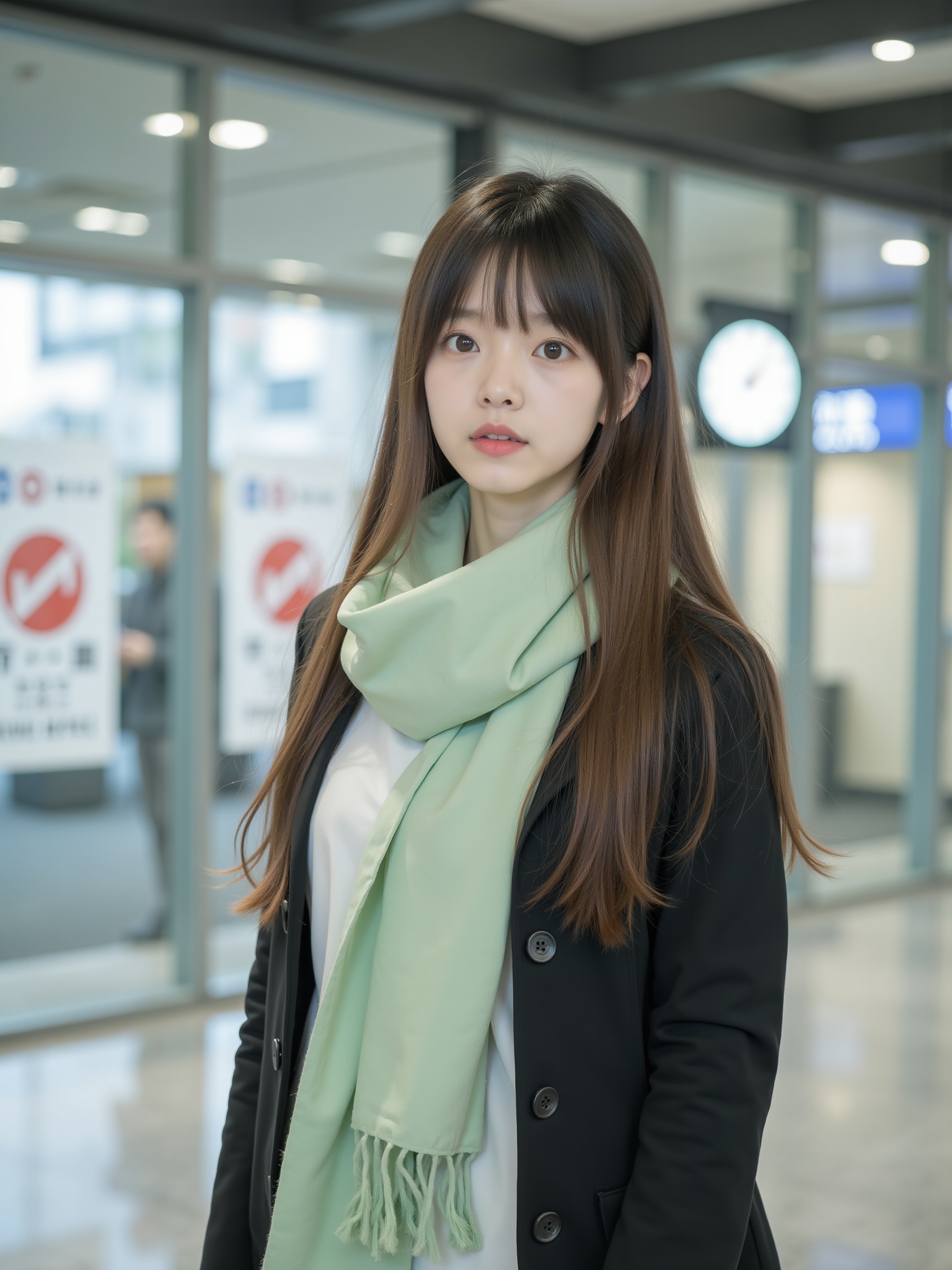 photo of a young woman, taken with a smartphone camera, likely an iPhone 7 or similar, shallow depth of field, background slightly blurred, bright indoor lighting, ISO around 400, f/1.8 aperture, shutter speed 1/60s. The woman is of East Asian descent, with long, straight brown hair and bangs framing her face. She has fair skin and a youthful appearance with a neutral expression. She is wearing a black jacket over a white shirt and a large, light green scarf wrapped around her neck, which stands out against her dark clothing. The background features a modern indoor setting with a tiled floor and a large glass wall, through which another room with various signs and a clock can be seen. The signs are in Japanese, with one prominently displaying a clock and another with a prohibition symbol. The overall atmosphere is urban and contemporary. The woman is positioned in the center of the frame, slightly to the left, with her gaze directed towards the camera. The lighting is soft, creating minimal shadows and giving the image a clear, crisp quality.<lora:小红书顶流嫩妹脸模FLUX:1>