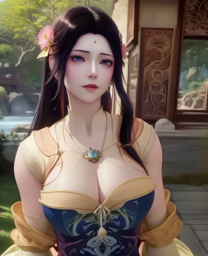 <lora:614-DA-炼气十万年-朴灵儿:0.8>(,1girl, ,best quality, ),looking at viewer,,anime,(masterpiece, top quality, best quality, official art, beautiful and aesthetic:1.2), (1girl)	, , (cleavage),extreme detailed,(fractal art:1.3),colorful, flowers ,highest detailed,(by Jeremy Lipking)    (cleavage), (),
