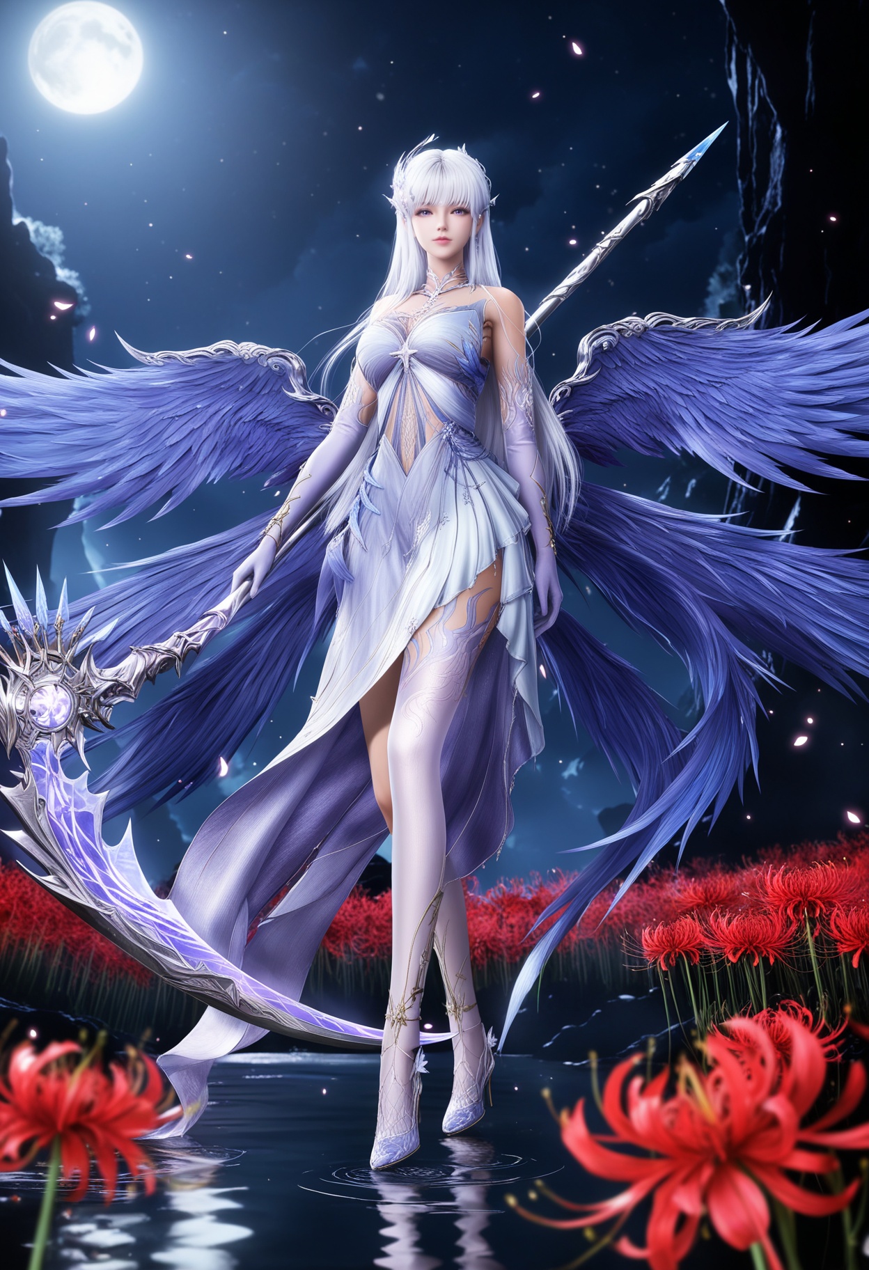 masterpiece,best quality,amazing quality,high resolution,ultra-detailed,absurdres,(looking at viewer:1.1),full body,(Dark room:1.3),(moody lighting:1.1),red spider lily,falling petals,water,moon,(large breasts:0.8),shengcaiersz,1girl,solo,dress,long hair,white hair,wings,bare shoulders,white dress,purple eyes,hair ornament,jewelry,gloves,single thighhigh,high heels,holding scythe BREAK photorealistic details,sparkling particles,metallic luster,<lora:QQSillshengcaierszV1:0.8>,