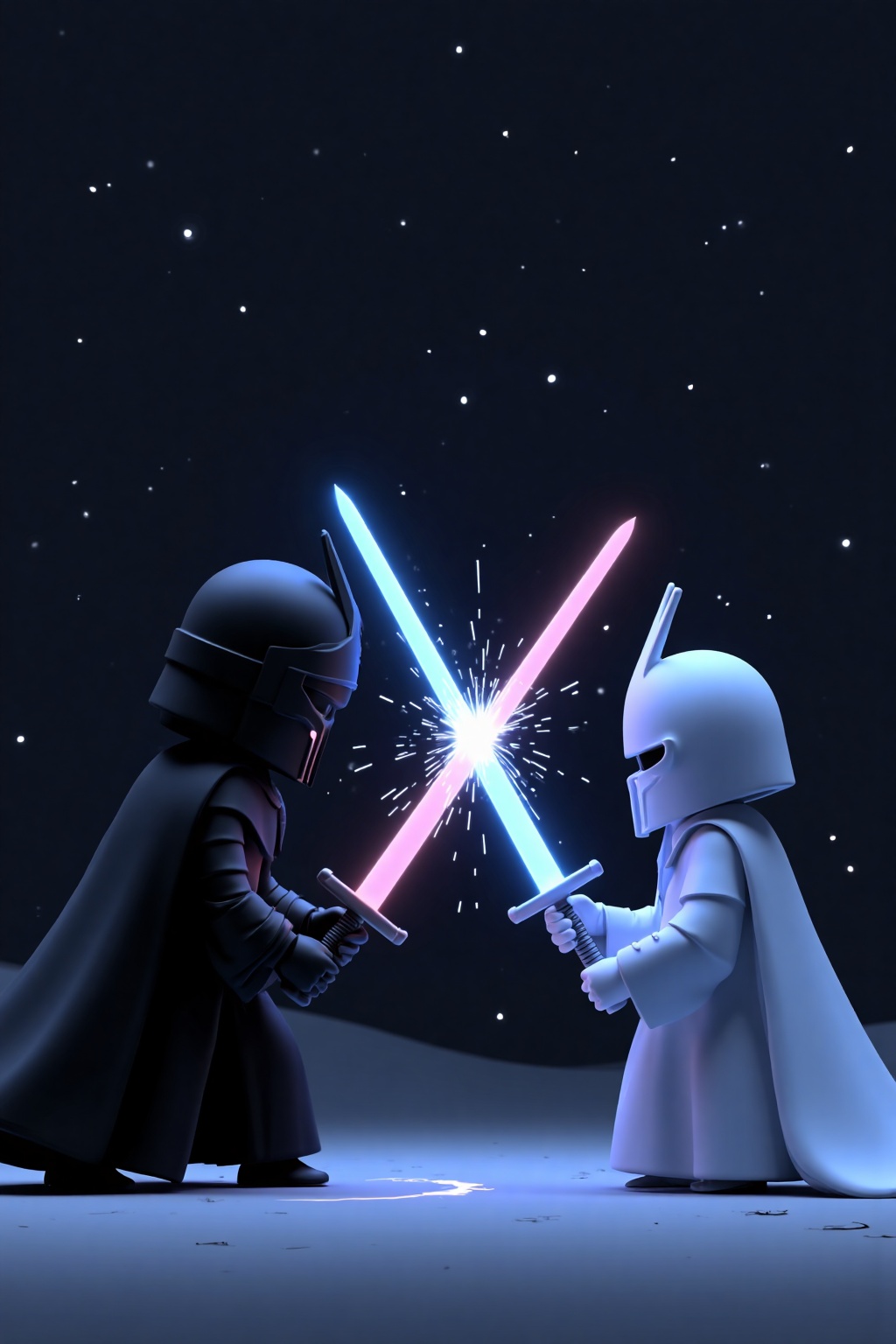 beijihui,Captured in a low-angle perspective, two cartoon characters are engaged in a fight with each other. The character on the left is dressed in a black robe and a black helmet, while the one on the right is wearing a white dress and a white helmet. Both characters are holding swords in their hands. They are facing each other, with the sword in the middle of the image in front of them. The background is dark, with white stars dotting the sky.