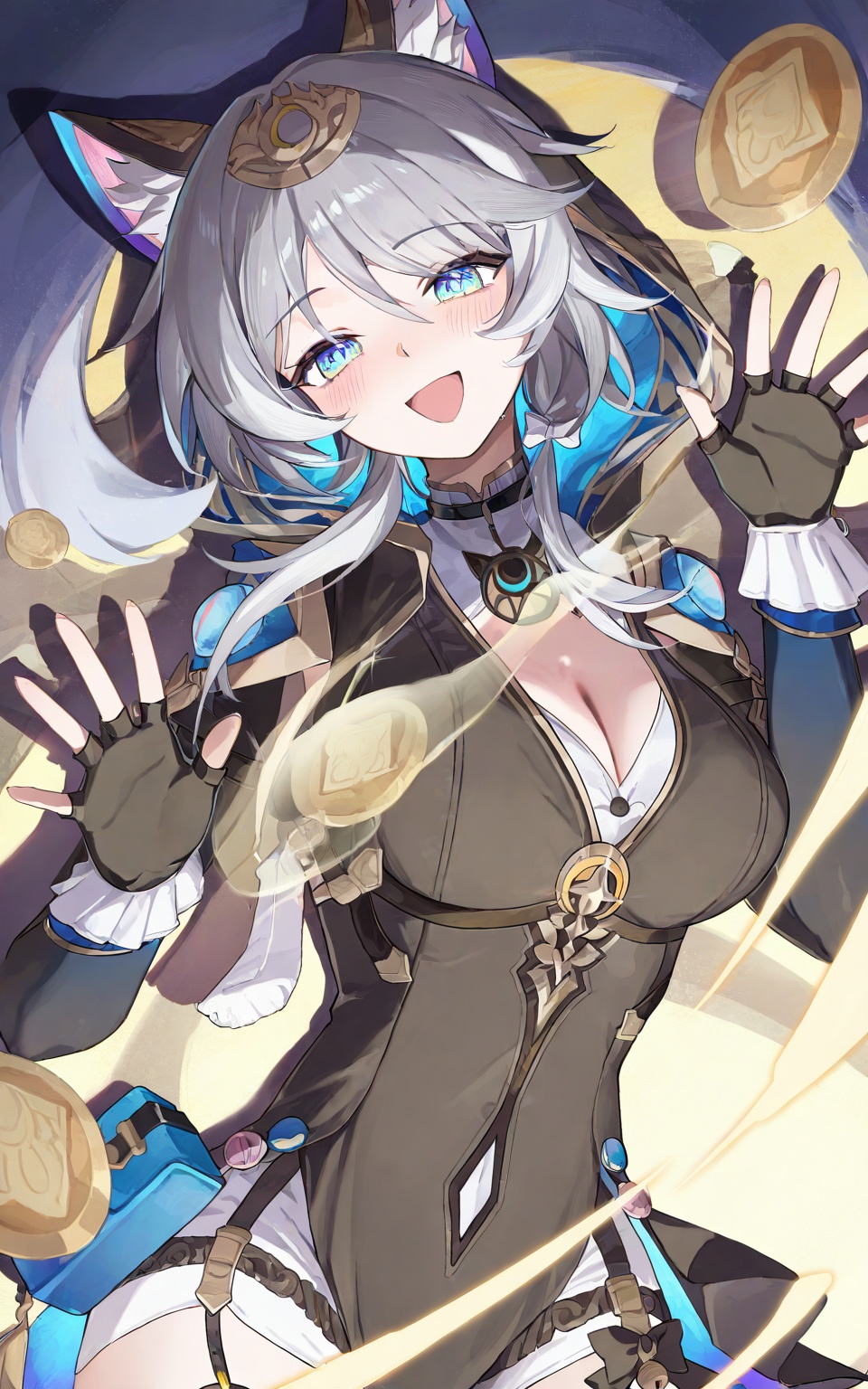 anon,crisp,transparent,akengihci,Cipher\(honkai:star rail\), 1girl, animal ears, gloves, solo, blue eyes, open mouth, breasts, fingerless gloves, looking at viewer, smile, grey hair, black gloves, blush, fox ears