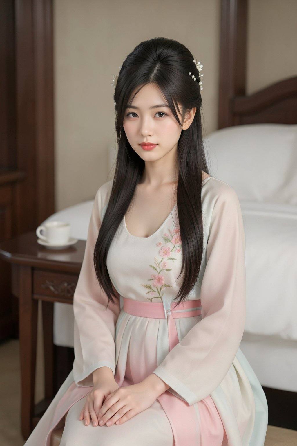 A young East Asian woman with long,  dark hair styled in an elaborate updo adorned with pearl and floral hairpieces. She i...