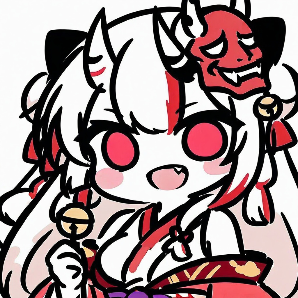 chibi,flat-color-style,(masterpiece),(best quality),1girl,solo,bell,hair bell,virtual youtuber,nakiri ayame,long hair,horns,red eyes,hair ornament,double bun,hair bun,smile,mask,white hair,oni horns,oni mask,upper body,multicolored hair,blush,white background,open mouth,jingle bell,japanese clothes,mask on head,red hair,bare shoulders,kimono,simple background,streaked hair,holding,off shoulder,bangs,:d,tassel,oni,breasts,fang,<lora:flat-color-style_A3.1_XL:0.8>,