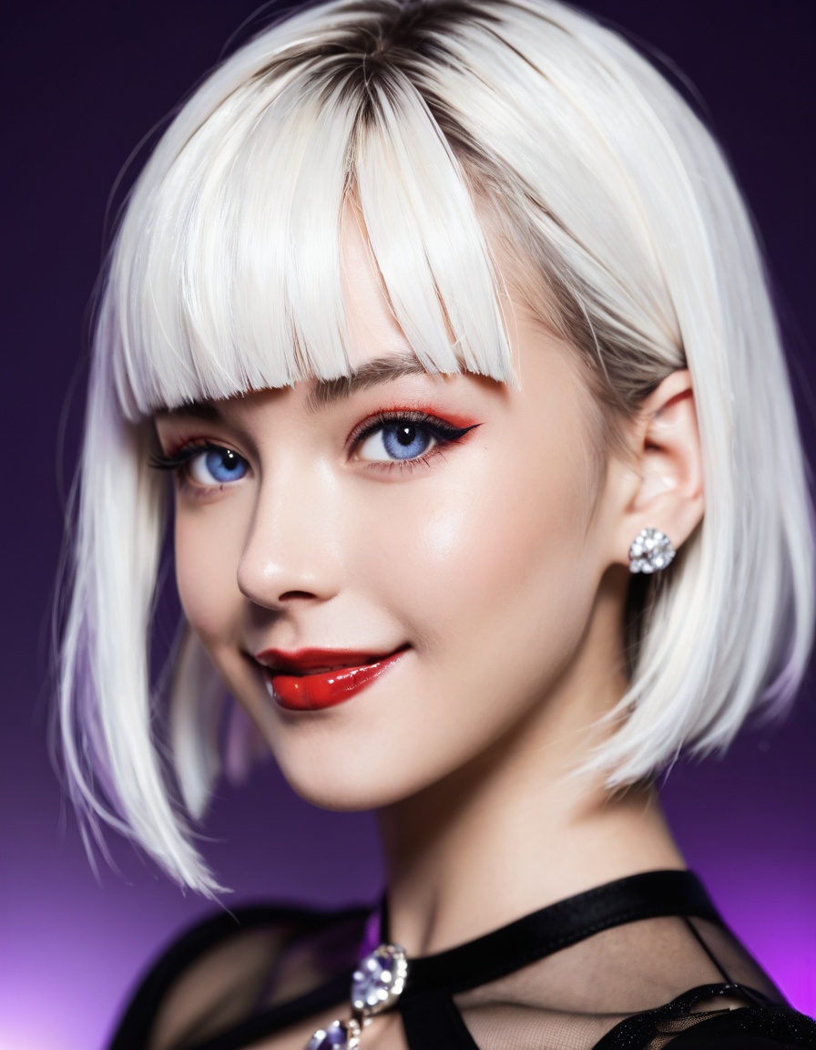 score_9,score_8_up,score_7_up,1girl,solo,best quality,highres,masterpiece,white hair,short hair,hime cut,looking at viewer,facing viewer,beautiful girl,close up,portrait,purple background,black long-sleeve top,red lipstick,douche smile,makeup,young *****,looking at camera,moody lighting,warm color tone,elegant,fashion photography,vibrant color,soft focus,stylized,