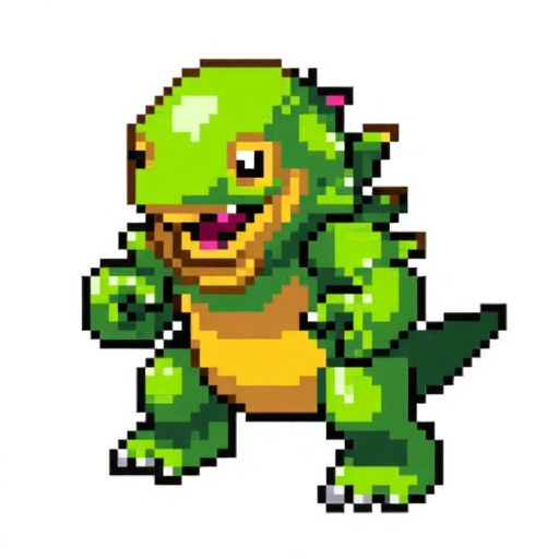 XSJS,XSJS,pixel art,the whole body, look down at, Its overall color is green and its body shape is similar to that of a human. The character has a large and prominent yellow eye located above the center of the head. Open your mouth wide revealing the yellow part 