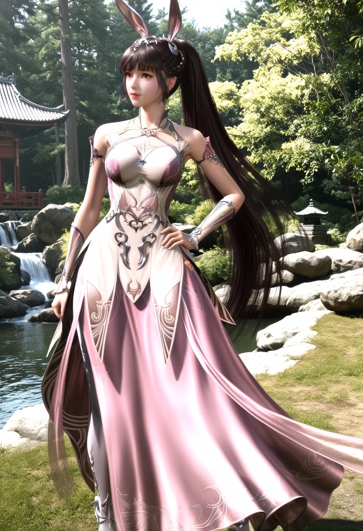 masterpiece,best quality,amazing quality,high resolution,ultra-detailed,absurdres,(looking at viewer:1.1),(moody lighting:1.1),forest,east_asian_architecture,stream BREAK large breasts,xiaowu,1girl,solo,brown hair,long hair,brown eyes,dress,rabbit ears,ponytail,hair ornament,pink dress,metal collar,necklace,realistic,bare shoulders,jewelry,collar,pantyhose,high heels BREAK photorealistic details,<lora:QQSillxiaowuV1:0.8>,