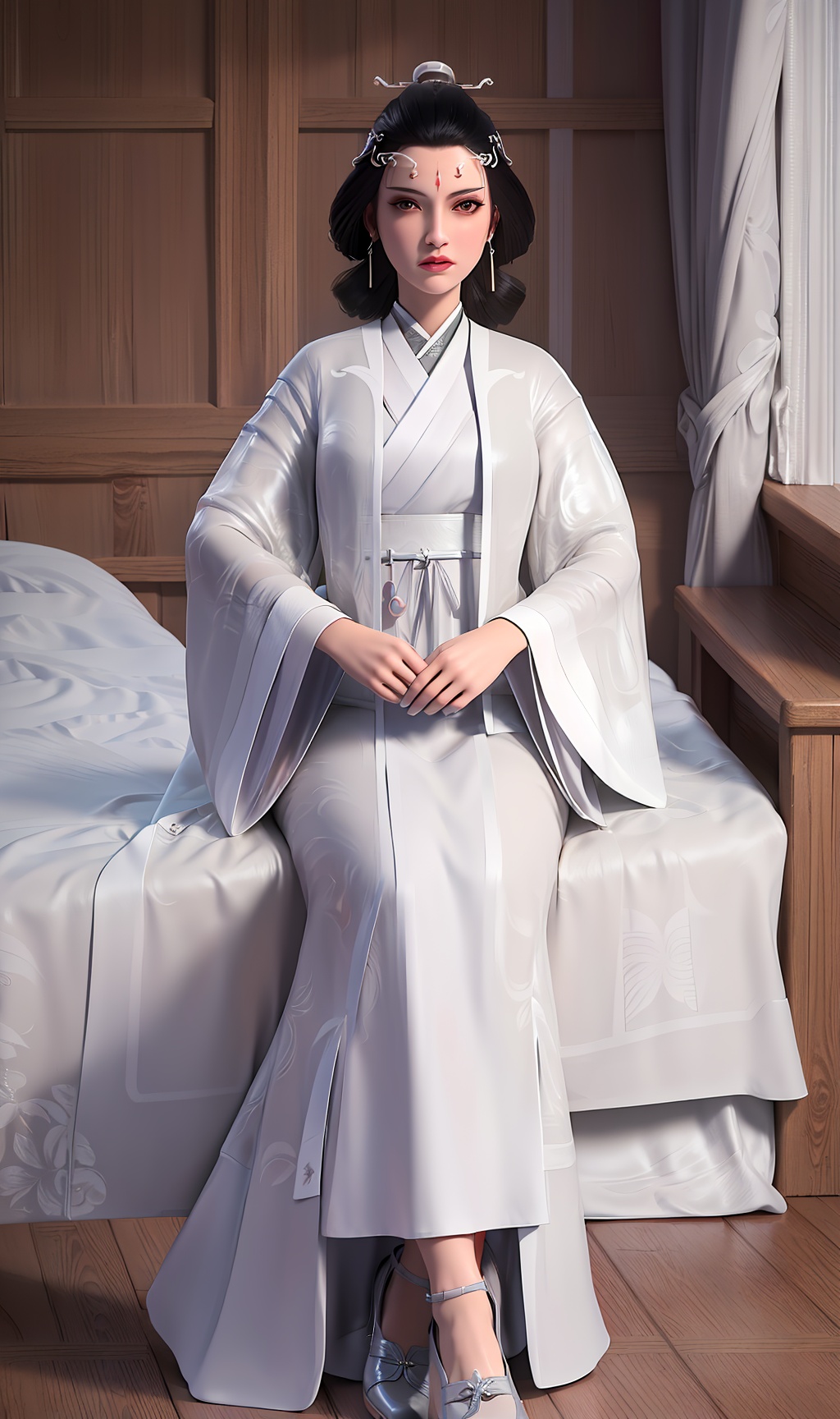 3D,masterpiece,(best quality),(makeup),official art, extremely detailed cg 8k wallpaper,((crystalstexture skin)), (extremely delicate and beautiful),(highly detailed),(face),(tiara),(collar),(hairpin),(wide_sleeves),(1girl), (solo), (jewelry), (earrings),(black_hair),(long_hair),(hair_ornament),(handwear),(breasts),((sitting)),((full_body,whole_body)),(closed_mouth),(long_dress),(long_skirt),,(chinese_clothes),(multicolored_clothes),(multicolored_dress),(shiny_clothes),(robe),(gown),(hanfu),(city,indoor,bed),,((looking_at_viewer)),((Facing the camera)),(shoes),(cloth_shoes),(flat_shoes),, <lora:hipoly3DModelLora_v10:0.3>
