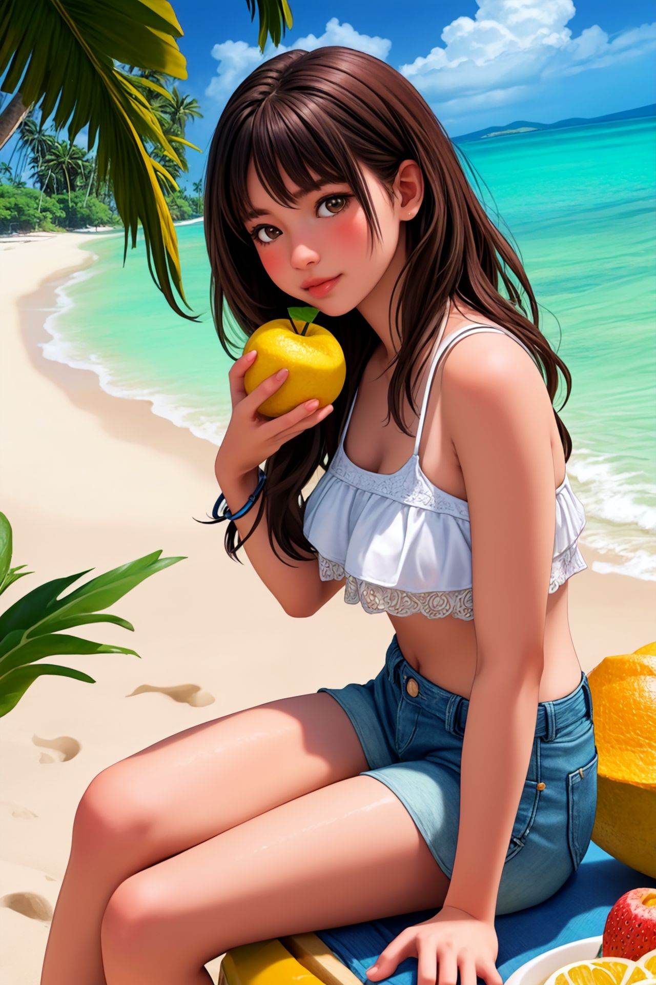 best ratio four finger and one thumb,  20yo Caucasian girl sitting on the beach of a tropical island eating tropical fruit...
