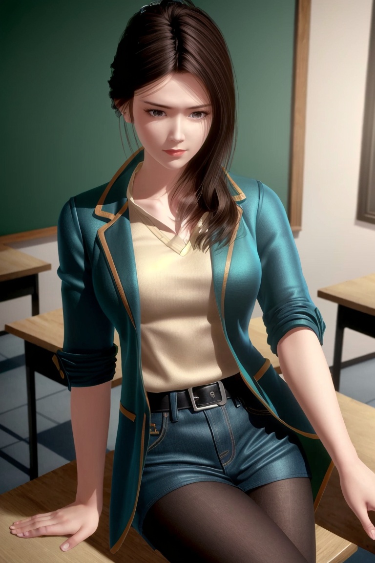 ((HRD, HUD, 8K)),((masterpiece, best quality)), highly detailed,1girl, solo, hair bun, brown hair, long hair, black hair, brown eyes, lips, (t-shirt:1.2), (blazer:1.2), denim shorts, black pantyhose, blurry background, classroom, chalkboard, sitting, cowboy shot, looking at viewer, <lora:20240511-1715391469403:0.7>