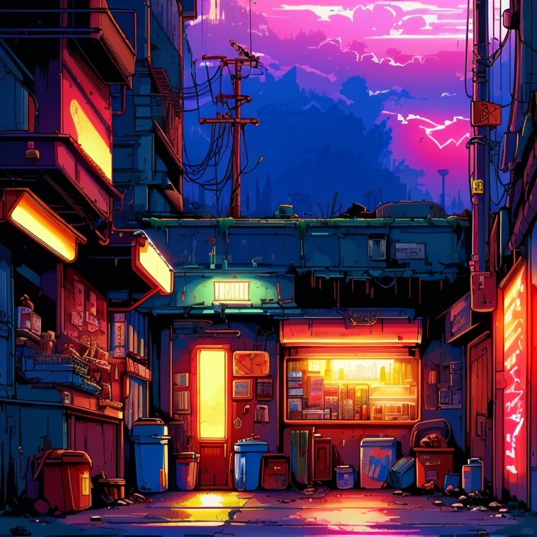 ((HRD, HUD, 8K)),((masterpiece, best quality)), highly detailed, soft light,GameScenes, neon lights, scenery, no humans, night, city, outdoors, building, cityscape, air conditioner, trash can, alley, cable, sign, <lora:20240330-1711769468704:0.9>