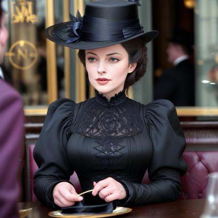masterpiece,  uhd,  sharp color photo of a beautiful woman wearing a high-neck layered black dress on Tensor.Art