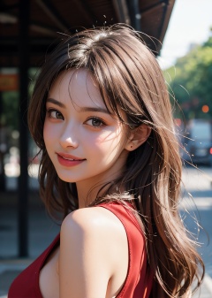 oia stunning, photorealistic of a cute girl in red\(smile, messy long silver hair\), detailed skin and face, shadow, cinematic, shot from side, look back, street, surrealistic, sense of reality, very realistic, very realistic, intense contrast of light and shadow, shot with Leica M50, f/1.8