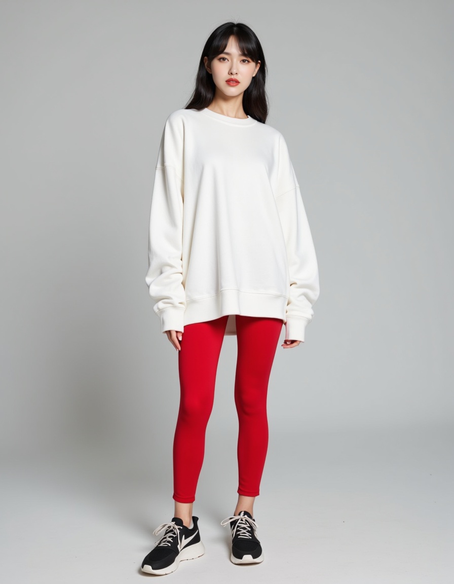 In white Oversized_sweater,Red-Leggings,Slip-on_sneakers,a real picture of a south korea woman,