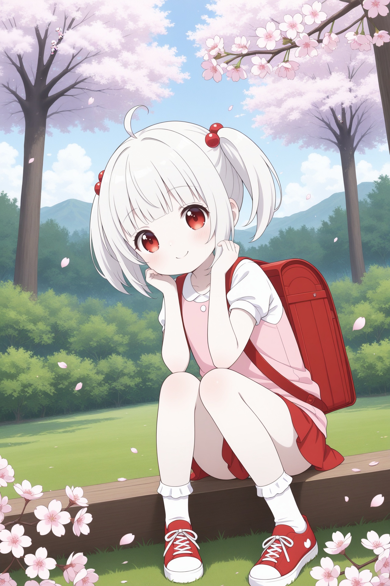 <lora:精致风景与场景ill:0.4>,wallpaper,highres,falling cherry blossoms,4k,cherry_blossoms,cherry blossom forest,solo,1girl,little_girl,loli,kawaii,child,short hair,white hair,blunt bangs,twintails,ahoge,(pale skin:0.8),red eyes,hair ornament,short_sleeves,miniskirt,bobby_socks,sneakers,smile,sitting,