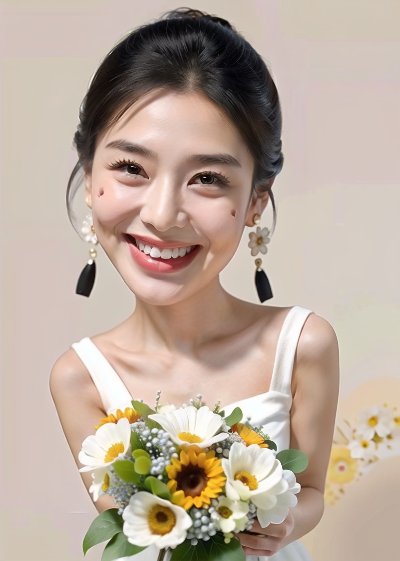 1girl,solo,jewelry,earrings,smile,black hair,mole,realistic,black eyes,grin,looking at viewer,bouquet,white dress,lips,simple background,datou,, (best quality:1.5), (masterpiece:1.5), (super Realistic:1.5),(high detail:1.5)