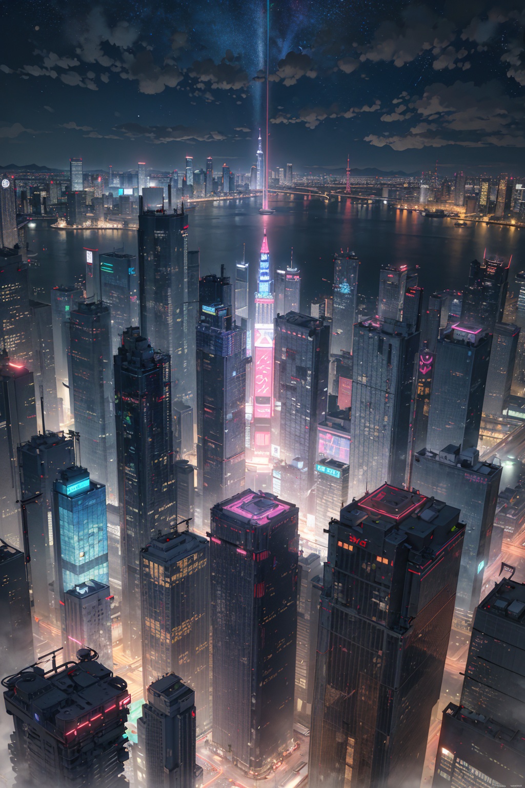 masterpiece,best quality,(ray tracing,cinematic lighting),photography,from above,cyberpunk city,tower,skyscraper,neon lights,night,cloud,starry sky,