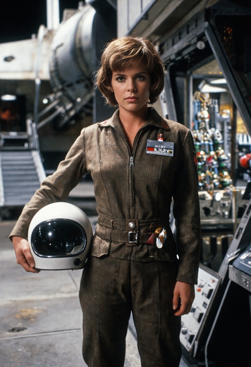 50s_scifi,  a female space captain standing on an alien planets. she holds a helmet under her arm. in the background we se...