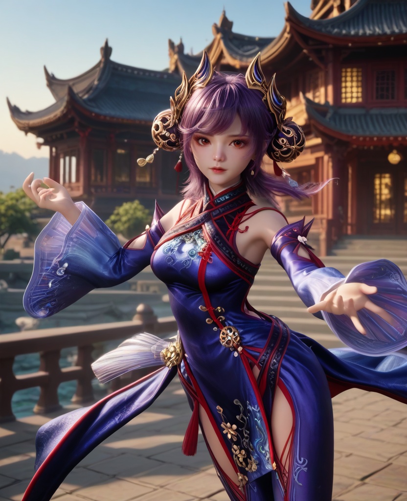 (oriental architecture, elegant decor, sophisticated style:1.1),(diving:1.1),(breasts:1.2),<lora:XL16牧神记司芸香:0.95>,miss siyunxiang,china dress with blue violet,red eyes,purple hair,double bun,hair ornament,cutout pants,wide cuffs,, score_9,score_8_up,score_7_up,score_6_up,score_5_up,score_4_up,3d rendering,tag1,tag2, Cinematic Lighting,backlighting,