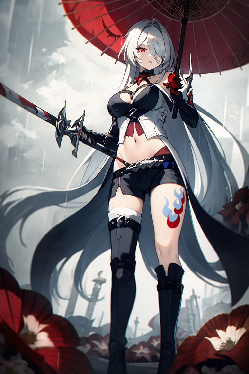 masterpiece, best quality, <lora:yomi:1>,1girl, red eyes, long hair, umbrella, flower, shorts, breasts, sword, solo, holding, weapon, black shorts, tattoo, holding umbrella, boots, white hair, very long hair, looking at viewer, navel, holding sword, from below, black footwear, rain, bangs, gloves, holding weapon, hair over one eye, short shorts, thigh strap, red flower, medium breasts, full body, hair between eyes, floating hair, midriff, belt, grey hair, knee boots, leg tattoo, closed mouth, oil-paper umbrella, gauntlets, standing, stomach, outdoors, heterochromia, cleavage, parted lips, large breasts