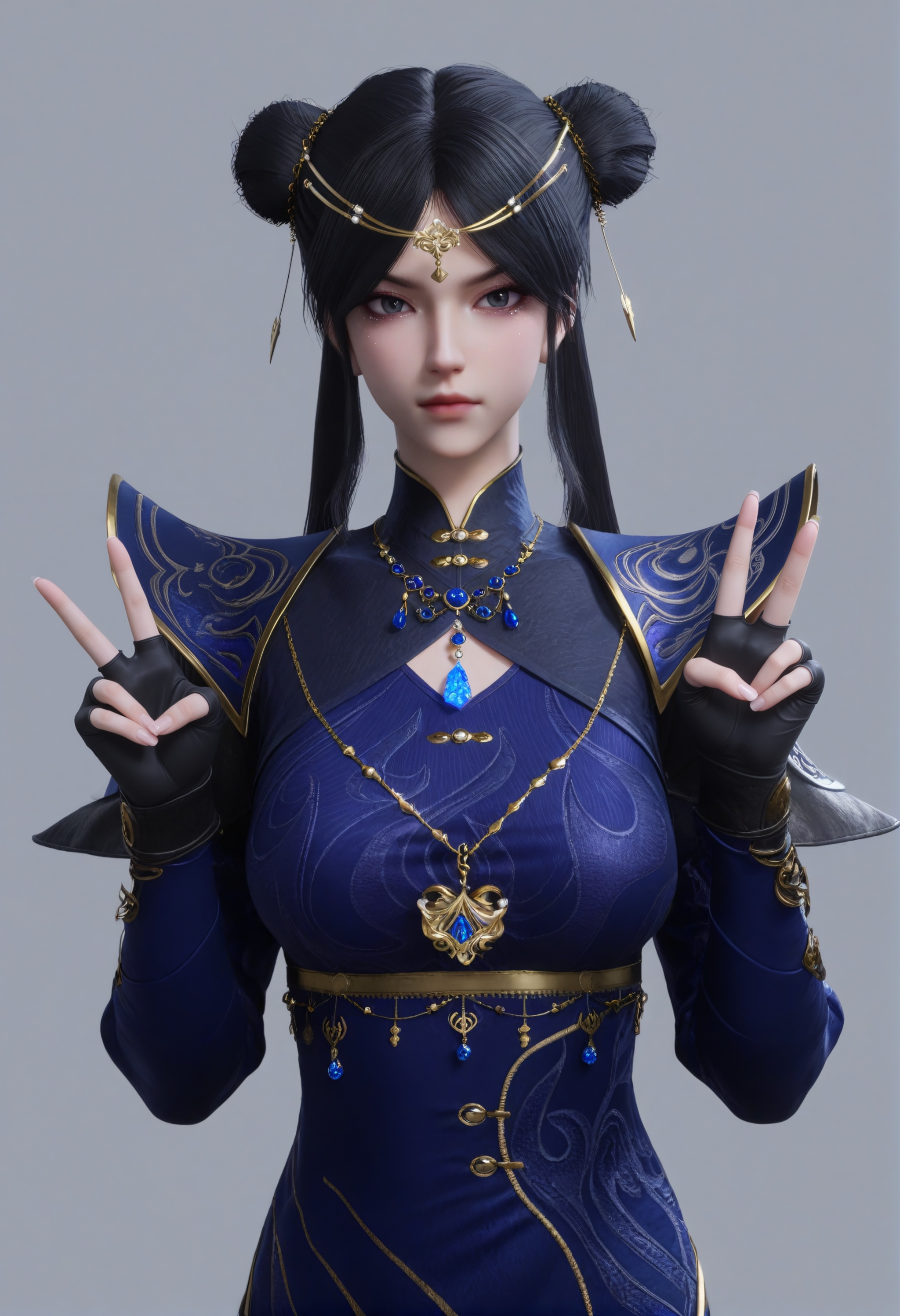 (score_9),vivid colours,Expressiveh,ambient occlusion,((Subsurface Scattering)),body blush,light blush,looking at viewer,front view,<lora:李少英-A-pony-000008:0.85>,lsy,1girl,solo,high collar,bunches,circlet,black hair,shoulder armor,gem,jewelry,chinese clothes,double bun,hair ornament,necklace,fingerless gloves,detached sleeves,mature,(mature_female:1.3),<lora:perfect-eyes:0.8>,grey eyes,pupils,light_eyes,bright_pupils,iris,brown sclera,BREAKglamor,skinny,collarbone,puffy breasts,pointy_breasts,large breasts,<lora:a修手:0.35>,double V,OverallDetail,fair_skin,(white_skin),(Ivory_skin),((sweaty skin)),BREAKsimple background,grey background,<lora:e色温:0.5>,<lora:e肤色滑块:0.5>,<lora:Expressive_H:1>,<lora:SkinRealityOrg_ponyv6_loraplus:0.25>,real skin,