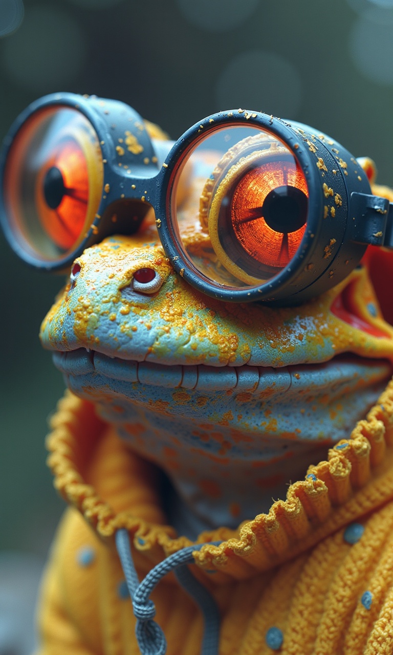 A frog wearing old-age glasses,  the lenses are very thick and have multiple layers,  reading glasses. Shot with a fisheye...