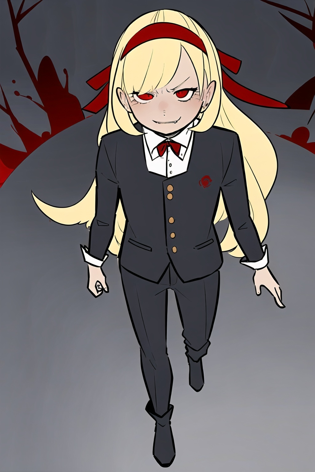 1girl,wsdxj,solo,ojousama,narrow one's eyes,cuteg,red headband,red bowtie,overlook,full body,age regression,rejection,(evil atmosphere:1.1),bewitching/bizarre/sinister appearance,