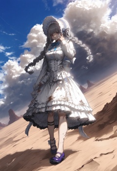 masterpiece, best quality,   <lora:sd_xl_dpo_lora_v1-128dim:1> <lora:ABKSKXLlokr3f-000147:1>,1girl, solo, long hair, dress, blue eyes, braid , bonnet, grey hair, full body, twin braids tie, frills, very long hair, long sleeves, hand on hip, looking at viewer, frilled dress, blue bow, flower, standing, blue bowtie, breasts, purple footwear, twintails, bangs, parted bangs, thigh strap, white bow, white background, layered dress, shoes, hand up ,sky, cloud, desert, day, outdoors, scenery, blue sky, damaged, sand, dutch angle, signature 
