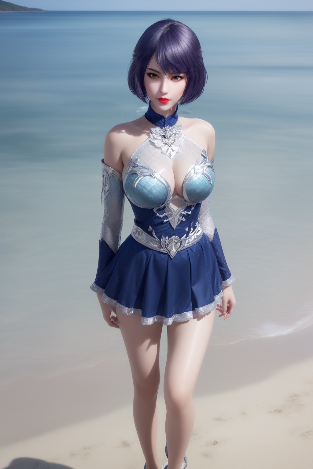 photo_\(medium\),(8k, RAW photo, best_quality),(masterpiece:1.2),(realistic:1.2),(photorealistic:1.3),(ultra-detailed),(extremely_detailed_cg_8k_wallpaper),(crystal_texture_skin:1.3),(shiny:1.2),(shiny_skin:1.4),(extremely_delicate_and_beautiful),(Summer,Beach,Sea,sunshine),shenfengDuGuYan,1girl,solo,short dress,charm,breasts,large breasts,detached sleeves,detached collar,short hair,standing,jewelry,hair ornament,red lips,realistic,looking at viewer,<lora:shenfengDuGuYan_20240506140926-000004:0.7>,