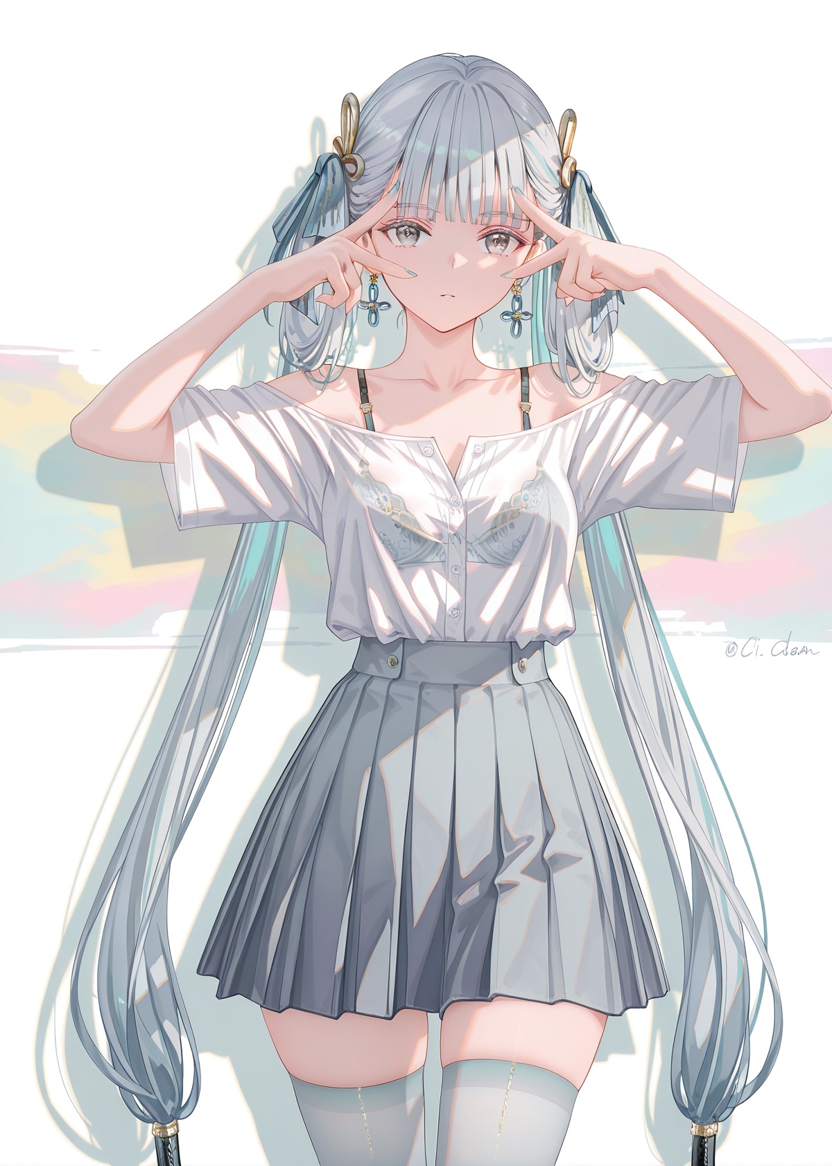 Jinhsi,Jinhsi,Simple Flat Coloring,8k,best quality,masterpiece,(ultra-detailed),(high detailed skin),((artist:reoen),(artist:fuzichoco),(artist:atdan),(artist:torino_aqua),year 2024:0.8),[artist:wlop],[artist:ningen_mame],artist:ciloranko,[[artist:rhasta]],artist:tidsean,colorful,1girl,solo,white shirt,off shoulder,white background,Short skirt,JK,JK uniform,high school uniform,white stockings,white shirt,Bra Straps,looking at viewer,simple background,grey eyes,off-shoulder shirt,thighs,grey hair,breasts,hair ribbon,hair ornament,blunt bangs,collarbone,one_side_up,white_shirt,double_v,v_over_eye,Colorful background wall,soft light and shadow,Simple Flat Coloring,sketch,line,simple background,white background,