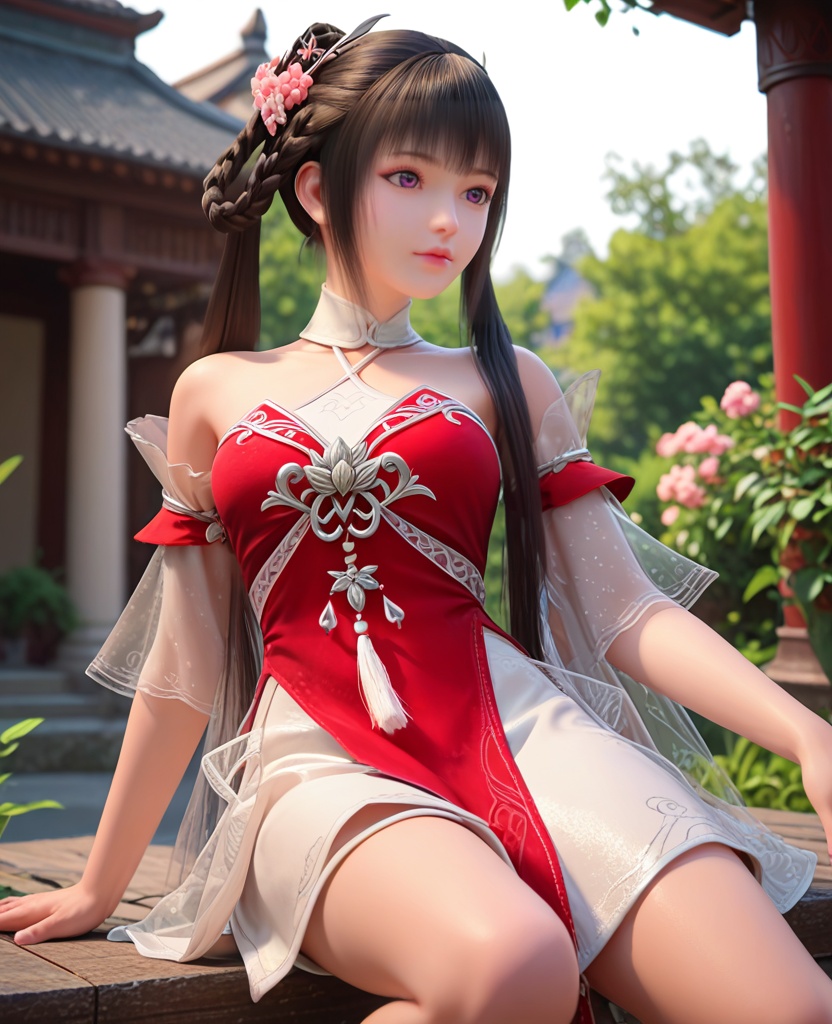 (oriental architecture, elegant decor, sophisticated style:1.1),Resting against a tree trunk, legs stretched out, showing a tranquil moment,,(breasts:1.2),<lora:XL完美世界少女火灵儿:0.9>,miss huolinger,solo,red corset with white minidress underneath,see-through fart curtain,see-through sleeves,purple eyes,bangs,hair rings,hair flower,black hair,long hair,hanging hair,twintails,tassel,, zPDXL2, score_9, score_8_up, score_7_up BREAK realistic, masterpiece,best quality, highly detailed,, zPDXL3, zPDXL2,zPDXL, zPDXLxxx, zPDXLrl,