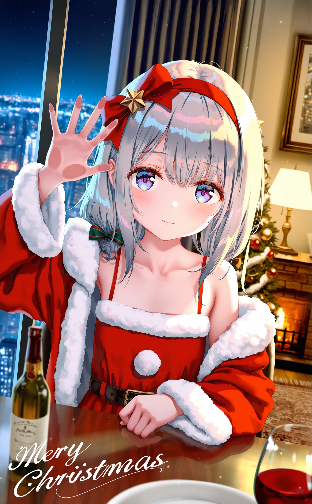 masterpiece,very aware,highres,absurdres,newest,best quality,petite,high quality,chromatic_aberration,cinematic_angle,dutch angle,//,artist:torino aqua,artist:rhasta,artist:wlop,artist:ke-ta,artist:hiten \(hitenkei\),//,nyalia,loli,loli,loli,1girl,christmas,merry christmas,gift,long hair,hairband,solo,box,lamp,christmas tree,gift box,looking at viewer,indoors,santa costume,window,cup,blue eyes,smile,drinking glass,glass,night,dress,closed mouth,blush,hair between eyes,christmas present,grey hair,carpet,fur trim,condensation,long sleeves,hair ornament,bare shoulders,curtains,blurry,table,red dress,sitting,red hairband,sidelocks,ribbon,off shoulder,blonde hair,city lights,upper body,collarbone,desk lamp,rug,arm up,bell,night sky,christmas ornaments,against glass,depth of field,bed,jacket,santa dress,spaghetti strap,drink,purple eyes,fireplace,bedroom,fur-trimmed jacket,ice,santa hat,cityscape,fur-trimmed sleeves,english text,sky,alcohol,white hair,reaching,skyline,red jacket,armchair,hat,wine glass,hair ribbon,open clothes,red ribbon,blurry background,bow,light smile,pillow,headband,city,wide sleeves,reaching towards viewe,