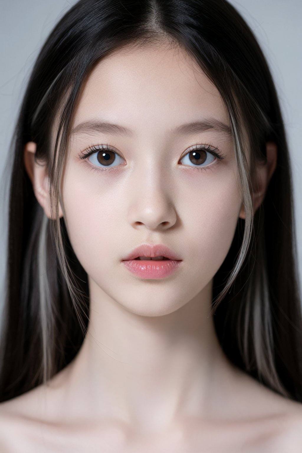 A headshot portrait of a young East Asian female,  appearing to be in her late teens,  is centrally framed. She has long o...