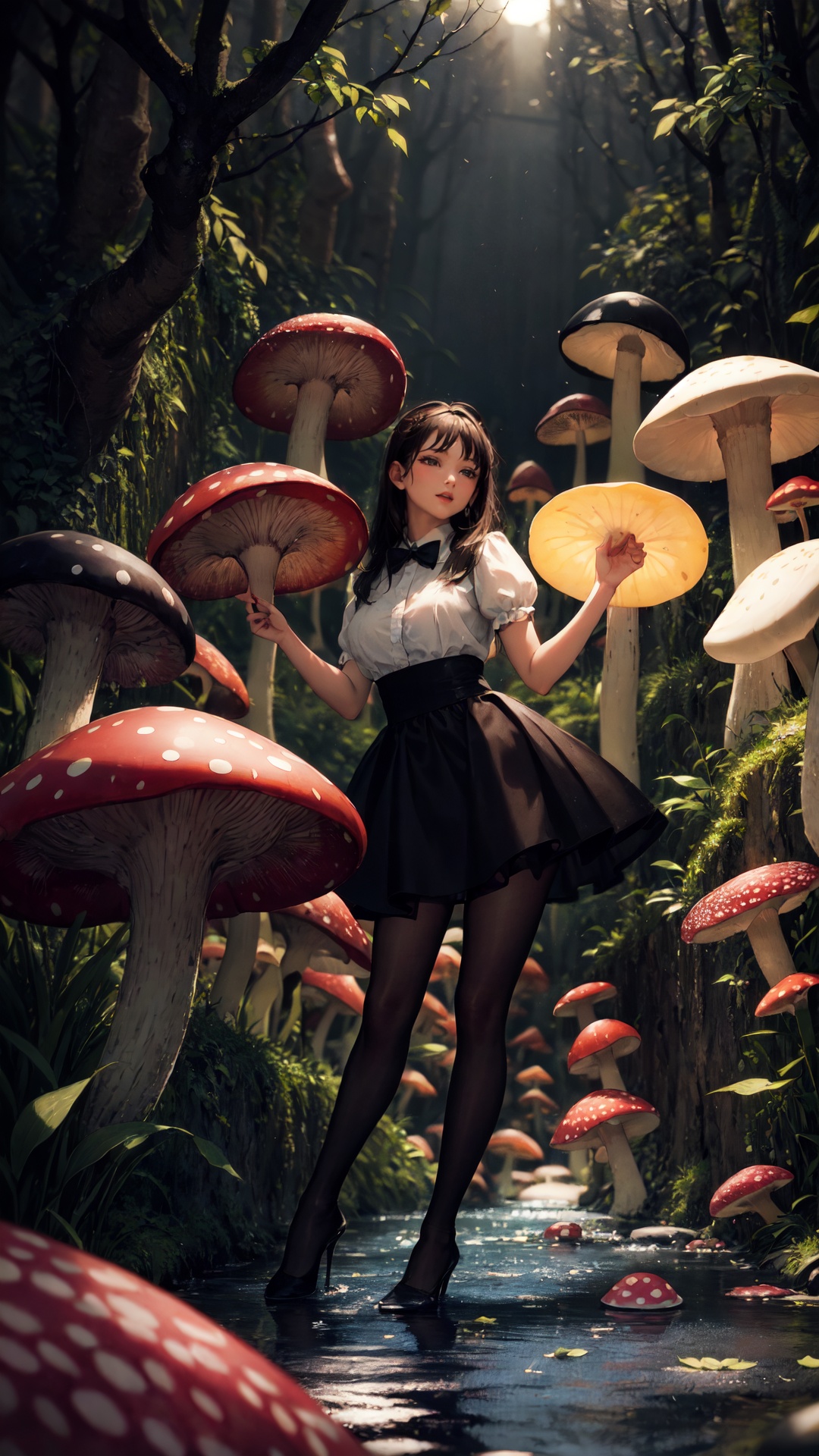 tutututu,black pantyhose,high heels,***** Alice in wonderland standing in stream,large mushrooms in background,highly detailed,Beautiful lighting,photoreal,4k,depth of field,night scene,light from godrays shining on ground,<lora:merged_0024:0.75>,