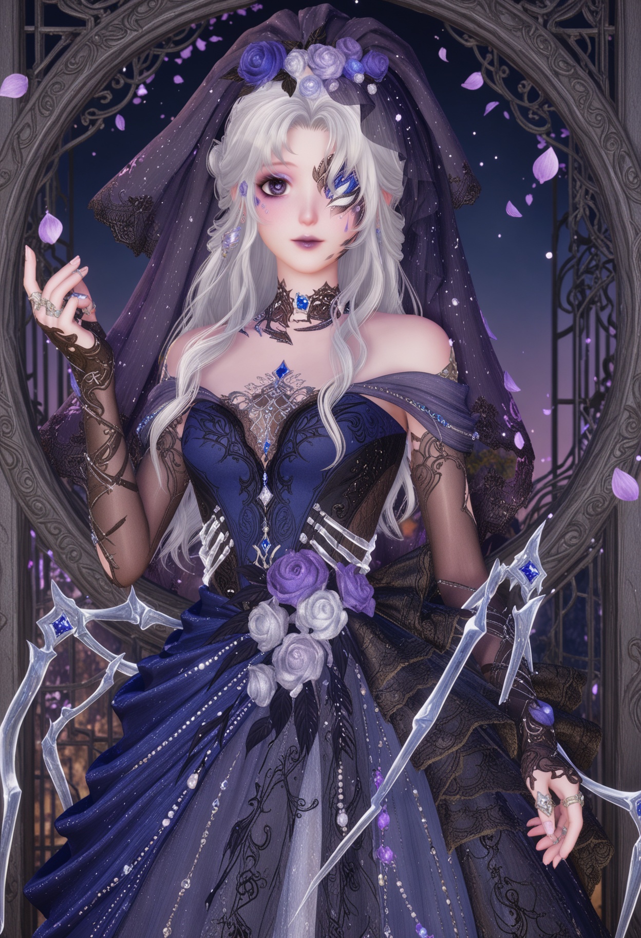 (cowboy shot:1.2),(looking at viewer:1.1),masterpiece,(best quality),smog,Dark room,dim lighting,peach blossom,falling petals,<lora:YQ_Illustrious光辉v5_暖暖36_V1:0.8>,q1528437228,1girl,solo,jewelry,long hair,white hair,purple eyes,dress,hair flower,hair ornament,makeup,earrings,gloves,ring,eyepatch,petals,purple lips,bridal gauntlets,pointy ears,blue eyes,grey hair,high heels,one eye covered,choker,pantyhose,long dress,bridal veil,fingerless gloves,necklace,fine fabric emphasis,bow,braid,eyeshadow,