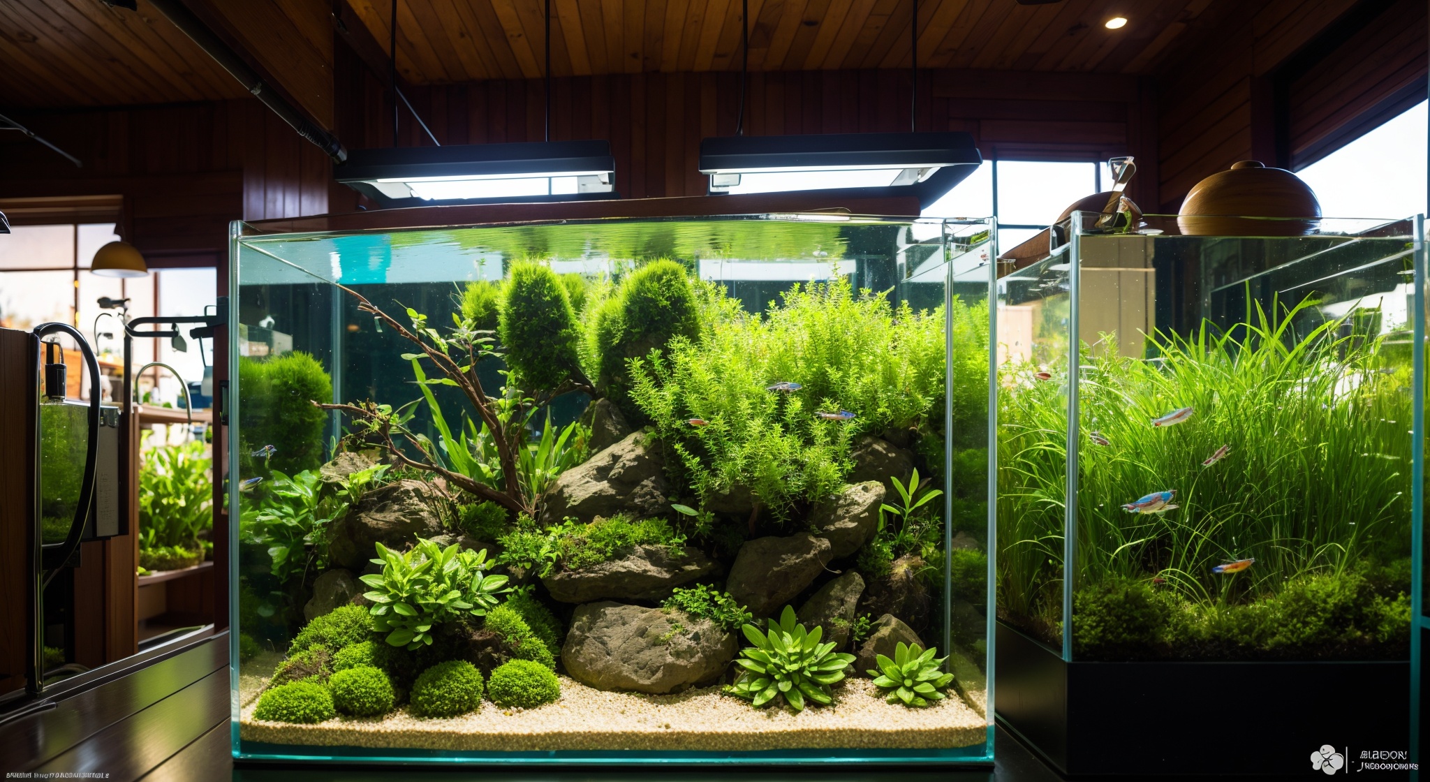 Micro landscape, lantern fish swimming in this space, wood,(lampfish: 1.5),there are many aquatic plants, plants and wood,((Best quality)),((Best quality)),((realistic)),((exterior view)),photo realistic,(masterpiece),orante,super detailed,intricate,photo like quality