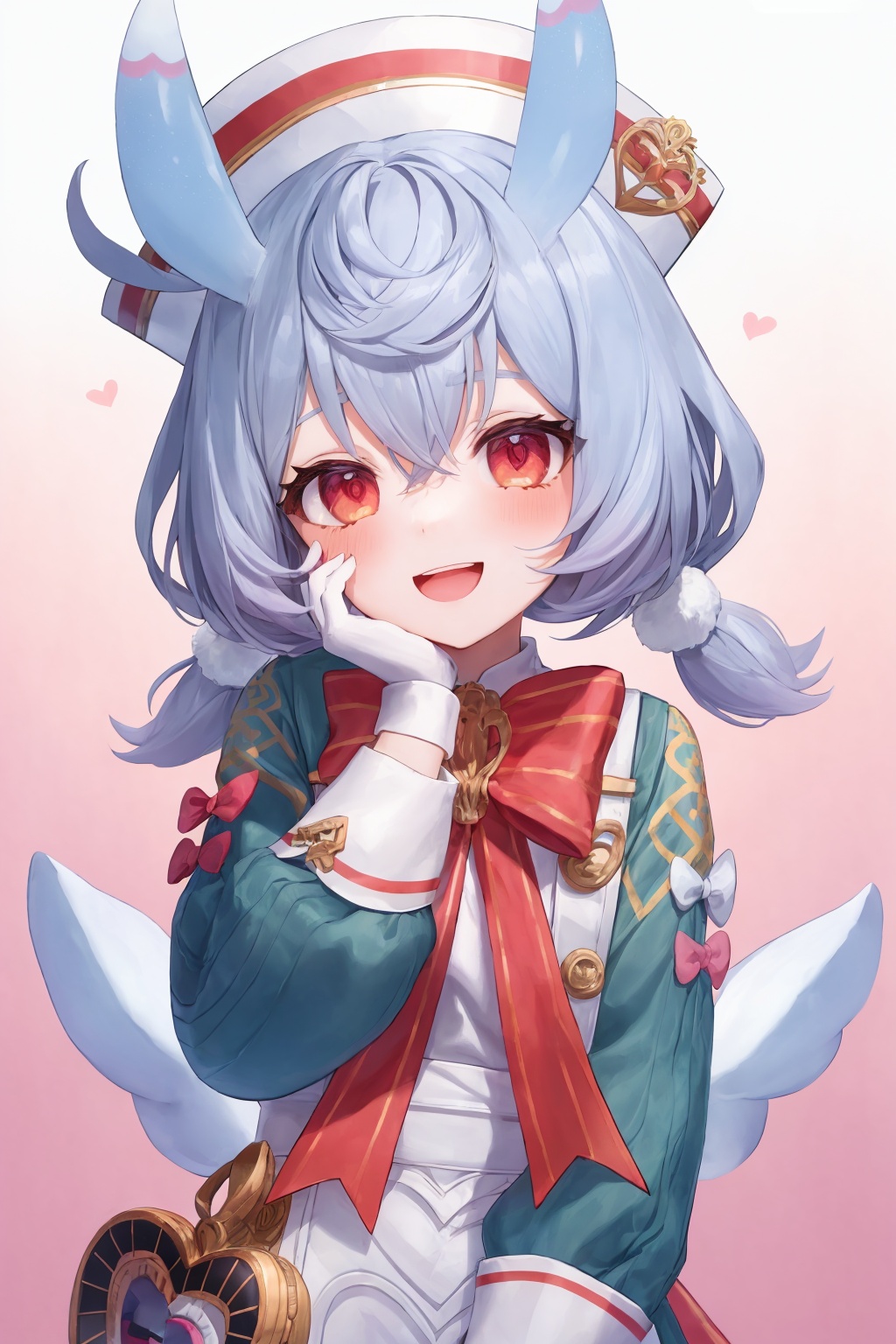 masterpiece, best quality, <lora:sigewinne-v2:1>, 1girl, solo, red eyes, heart, animal ears, gloves, twintails, smile, hand on own face, open mouth, looking at viewer, hand on own cheek, low twintails, rabbit ears, bow, white gloves, long sleeves, blue hair, long hair, tail, halo, hair between eyes, bangs, hat, symbol-shaped pupils, teeth, gradient background, :d, gradient, red bow, upper body