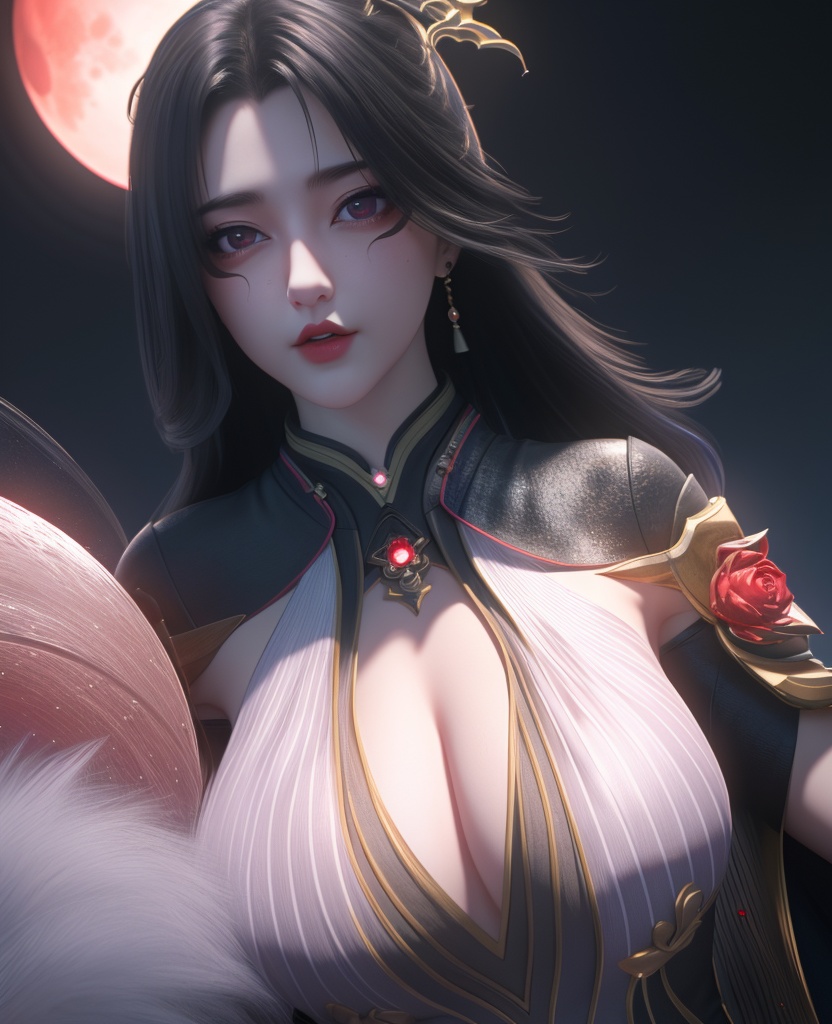 <lora:549-DA-百炼成神-司妙玲:0.8>(,1girl, ,best quality, ),looking at viewer,  ,,ultra detailed background,ultra detailed background,ultra realistic 8k cg,, ,masterpiece, (( , )),, ,science fiction,mole, ,    ,red moon, black rose,     (cleavage), (),