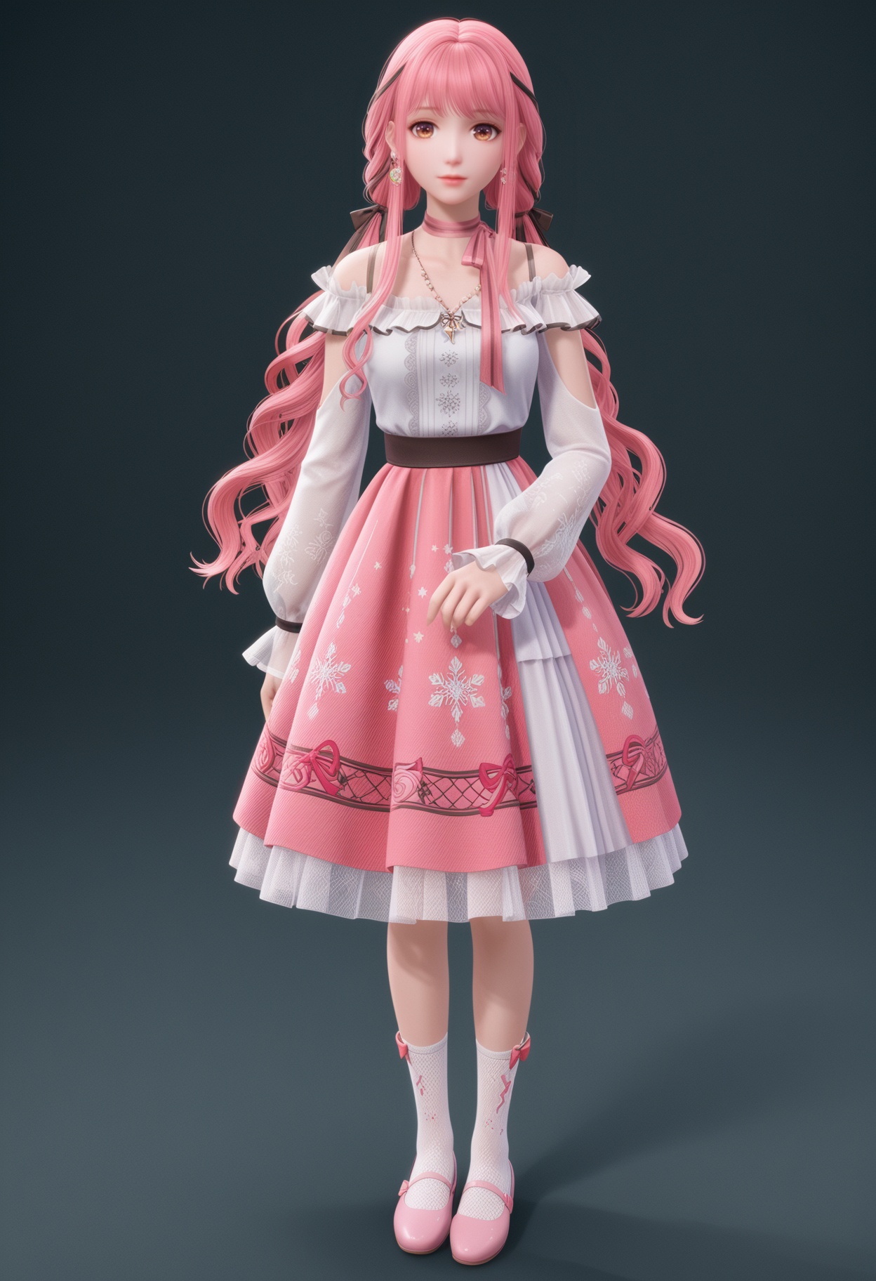 (full body:1.1),59.<lora:YQponynuannuanV4:0.8>,q1528437228,solo,1girl,long_hair,pink_hair,dress,ribbon,bangs,long_sleeves,hair_ribbon,pink_skirt,jewelry,twintails,brown_eyes,necklace,skirt,choker,pink_eyes,braid,virtual_youtuber,socks,white_shirt,black_ribbon,sidelocks,shirt,floral_print,pink_footwear,shoes,pink_dress,frills,very_long_hair,white_socks,bow,ponytail,pink_ribbon,bag,hair_ornament,bare_shoulders,low_twintails,earrings,hair_bow,,(huge breasts:0.8),(looking_at_viewer:1.1),(mature female:1.3),BREAK intricate details,shiny_skin,solo focus,perfect_anatomy,(score_9:1.3),(simple background:-1),(blurry:-1.2),(masterpiece:1.3),(best quality:1.3),(simple background,pure black background,black background:1.1),
